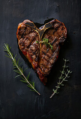 grilled heart shaped t-bone with herbs and spices 