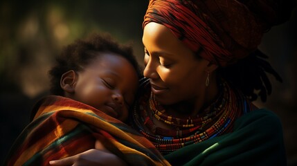 A beautiful bond depicted as an African mother holds her baby in her lap, their laughter filling...