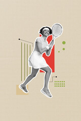 Vertical image collage of happy girl hold racket big tennis game championship sportswoman player...