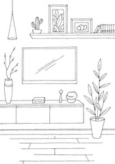 TV in living room graphic black white home interior vertical sketch illustration vector