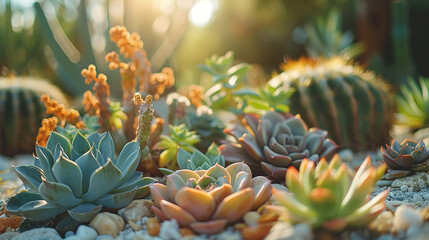 a minimalist succulent garden, with sculptural cacti as the background, with empty copy space - obrazy, fototapety, plakaty