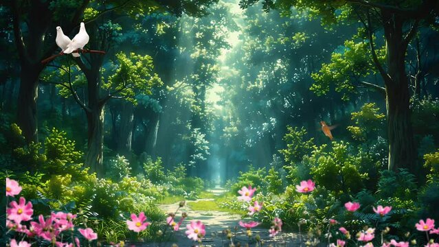 beautiful forest with tall trees and green foliage, trail. Seamless looping 4k time-lapse video animation background 