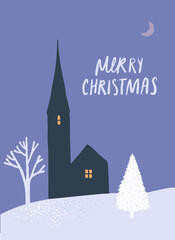 Winter landscape with old church silhouette, Christmas card vector design, night scene