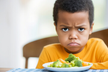 Unhappy black boy rejects healthy salad, displeased expression - obrazy, fototapety, plakaty