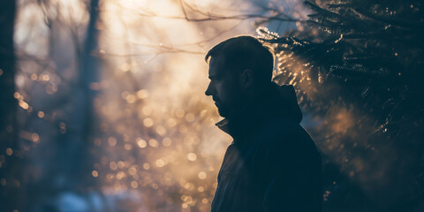 Caucasian man in his 30s, silhouette profile against a soft winter light and bokeh