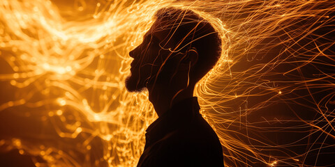Young man in his 20s with a striking profile outlined by vibrant light streaks