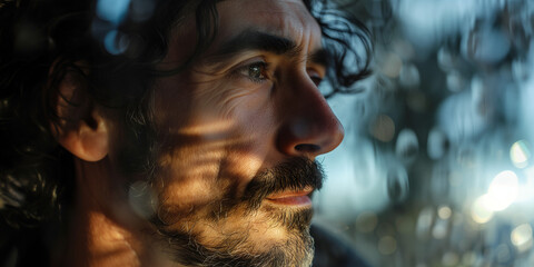 Man in his 40s, detailed profile with thoughtful gaze through patterned shadows