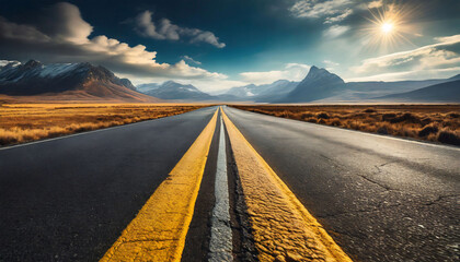 An empty road leading towards distant mountains with distinct yellow lane markings, emphasizing the asphalt texture.