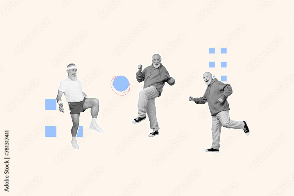 Canvas Prints Composite photo collage of three male pensioners play football kick ball championship league health sport isolated on painted background