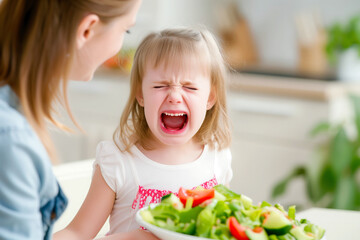 Mother persuading crying girl to eat healthy vegetable salad in the kitchen - obrazy, fototapety, plakaty