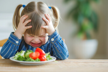 Unhappy kid displays aversion to healthy lunch, copy space - obrazy, fototapety, plakaty