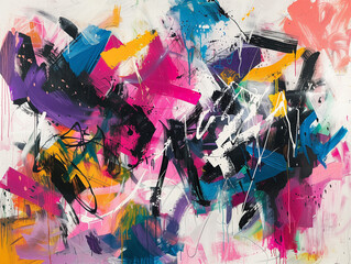 Abstract expressionist artwork with spontaneous bright pink, black, blue, yellow spots.