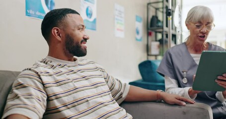 Happy man, nurse and consultant with tablet for patient prescription, diagnosis or results at hospital. Male person and doctor consulting with technology for wellness, vitamins or iv drip at clinic