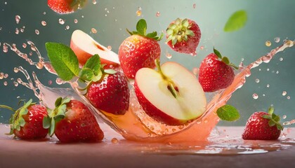 Apples ans strawberries, fruit falling in a splash of juice