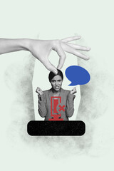 Vertical image collage of angry girl interview stress lie propaganda hands off mute mic shame...