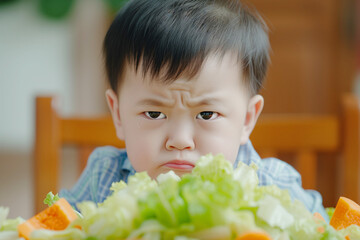 Little asian boy's aversion to salad evident in his unhappy expression - obrazy, fototapety, plakaty
