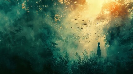 A tranquil forest at dawn with waking birds, a dreamy figure surrounded by a dark green aura, abstract shapes in vivid colors creating a serene scene.
