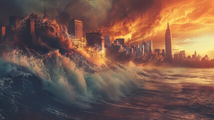 A city in ruins, consumed by a massive tidal wave, a feeling of hopelessness prevailing. An apocalyptic scene captured with raw intensity. - obrazy, fototapety, plakaty