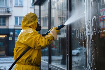 A worker in protective gear cleans a large window with a high-pressure washer in an urban setting. Worker Cleaning Window with High-Pressure Washer - obrazy, fototapety, plakaty