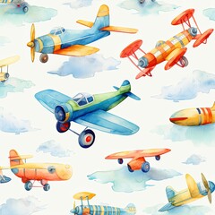 Watercolor aircraft pattern soaring in the blue skies