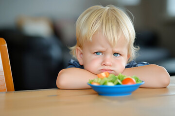 Sad little boy refuses to eat fresh salad, displeased expression