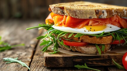 Sandwich with salmon, egg, avocado and arugula on wooden background