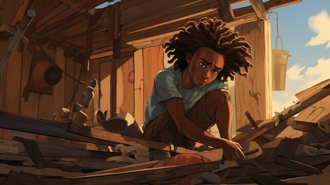 A resourceful black boy constructing a rustic oceanfront cabin using salvaged timber, as the sea breeze tousles his hair.