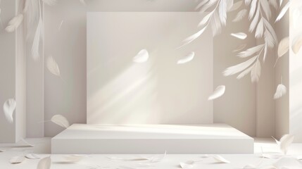 Fototapeta premium Serene White Feather Display with Soft Lighting and Elegant Podium.