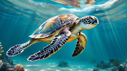 Fototapeta premium Sea turtle. Happy swimming under the beautiful sea water. Turtle marine animal
