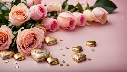 pink roses and gift box with gold heart on pink background, . Generative AI.
