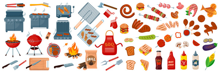 BBQ grill food stickers set vector illustration - obrazy, fototapety, plakaty