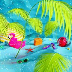 Fluorescent summer background. Summer beach accessories on blue sea water. 3D Rendering, 3D Illustration - 781319604