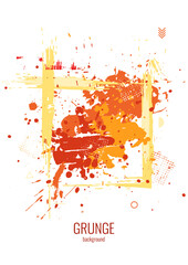Colorful abstract poster with geometric frame painted with a brush. Red and orange splashes of ink and paint on a white background. Grunge background. Hand drawn vector image.