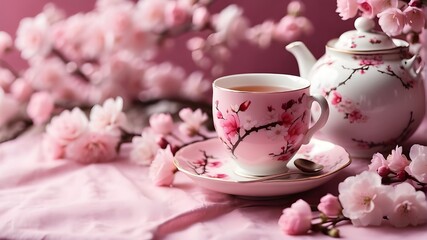 Fototapeta na wymiar A cup of tea on a pink cloth beside cherry blossom branches