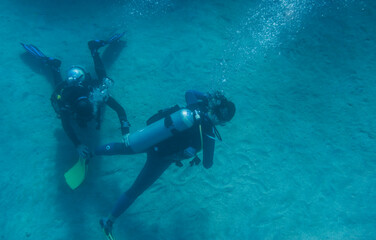 two divers at the sandy seabed during a dive in marsa alam