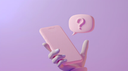 Fototapeta na wymiar Surreal Hand Holding Phone with Question Mark Speech Bubble