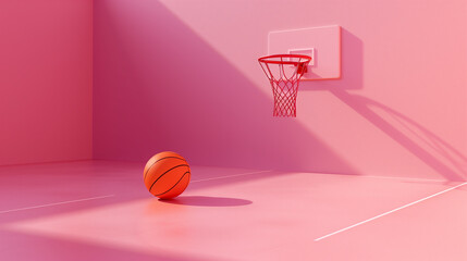 Pink Basketball Court with Shadow Casting on Floor and Ball - obrazy, fototapety, plakaty