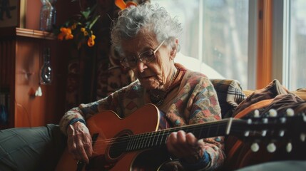 Grandma playing acoustic guitar, sitting on a couch in a cozy room with wooden furniture and flowers - obrazy, fototapety, plakaty