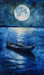 Watercolor painting of a gondola floating on a lake on a full moon night. Use for phone wallpaper, posters,
 postcards, brochures.