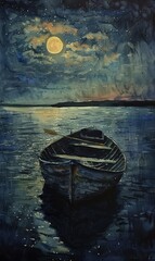 A gondola floating on a river on a full moon night. Watercolor painting. Use for phone wallpaper, posters, postcards, brochures.