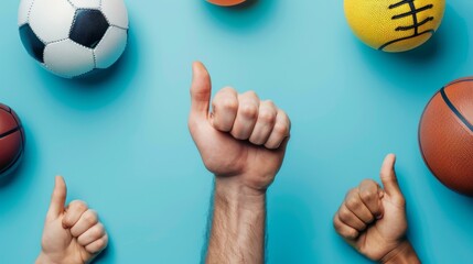 Collection of sports balls and thumbs up gestures on a turquoise background - obrazy, fototapety, plakaty