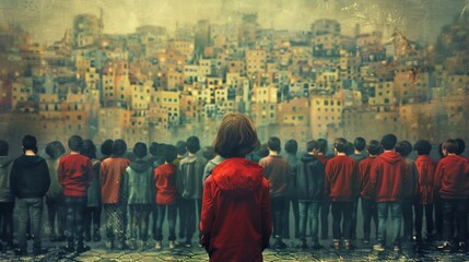 Group of children in jackets observing a densely populated urban landscape - obrazy, fototapety, plakaty