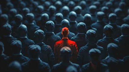 Obraz premium Man in red stands out in a crowd of people in dark clothing