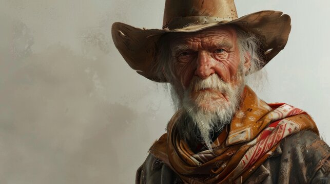 Old cowboy with a beard wearing a cowboy hat and scarf
