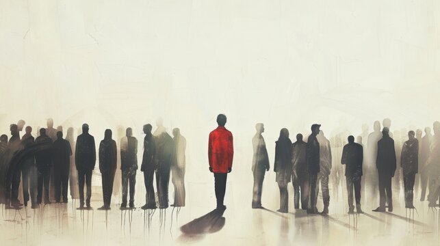 Man in a red jacket standing out among the crowd of shadowy figures
