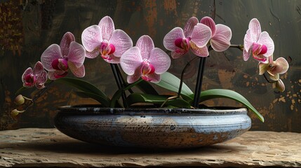 A flowerpot with pink orchids decorates the wooden table