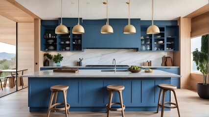 The kitchen is large, with blue cabinets and a central island that seats four barstools close to a large window.