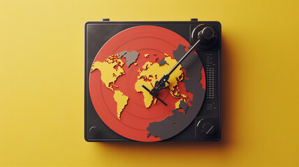 Creative 3D composition of a minimalist vinyl record player with world map patterns on the record, celebrating World Music Day