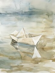 Watercolor drawing of a paper boat floating in the water. Use for phone wallpaper, posters, postcards, brochures.