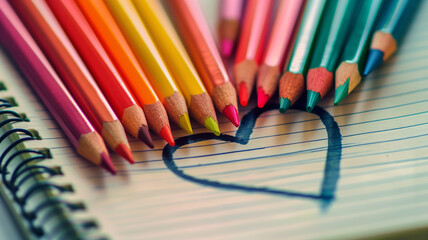 Vibrant colored pencils arranged in a heart shape on a notebook, encouraging creativity for stress relief - Powered by Adobe